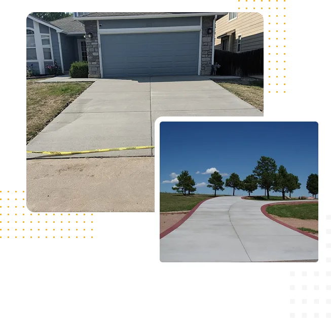 Concrete driveway with caution tape, showcasing a newly installed surface in front of a residential home.